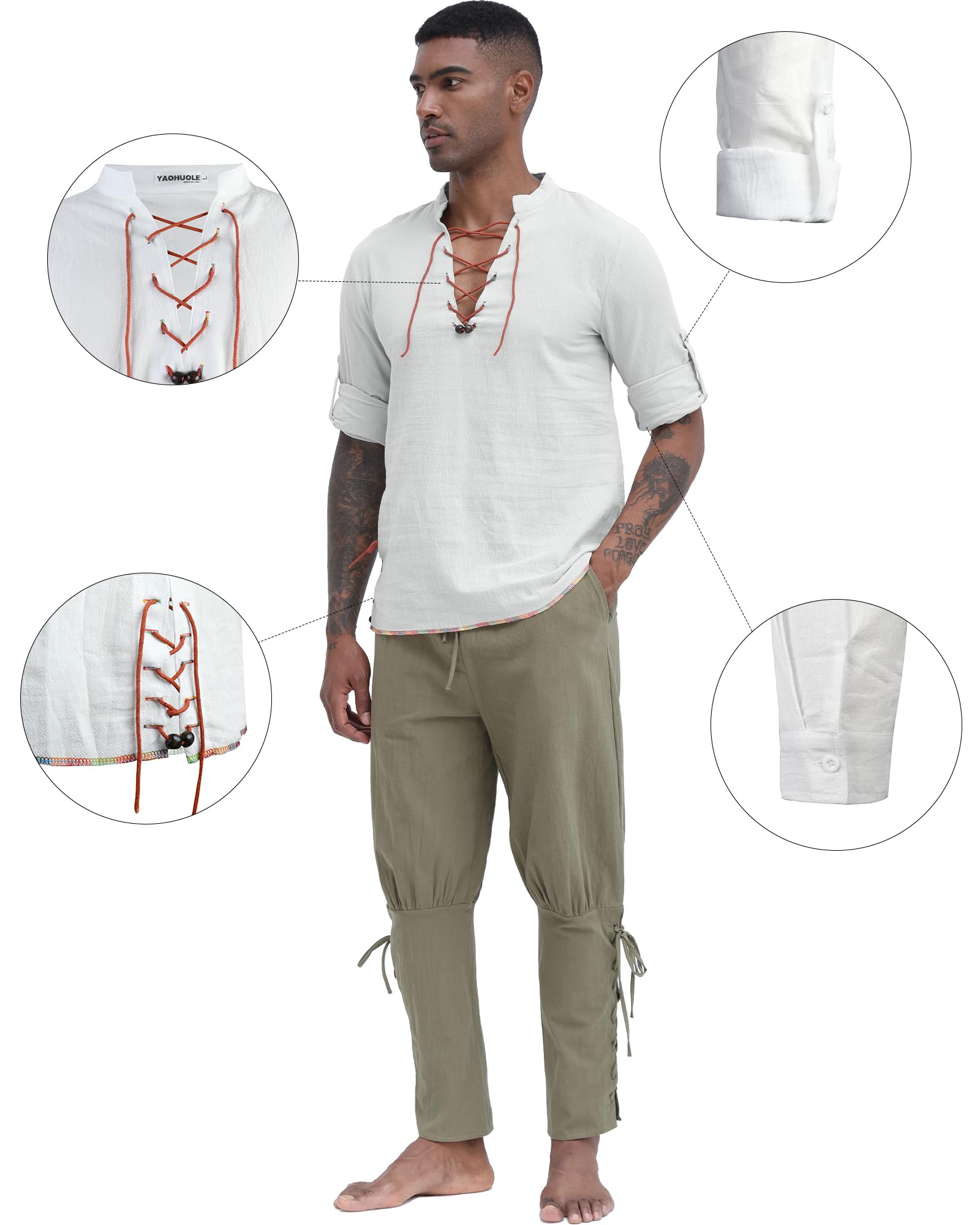 YAOHUOLE Men's Plain Tops Cotton Classic Scottish Jacobite Ghillie Kilt Shirt Linen Shirts for Men Medieval Costume Shirts Casual Cpttpn Linen Shirt White XL - Image 4