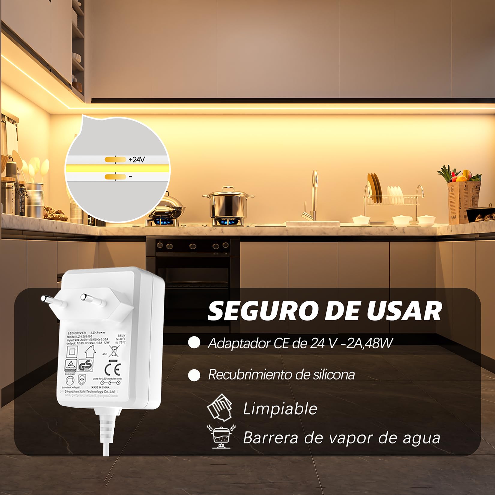 WOBANE Striscia LED COB 10 m 24 V, striscia LED dimmerabile con comando CRI 90+, strisce LED ad alta luminosità adesive con spina per cucina, camera da letto, scale, soggiorno, soffitto, bianco caldo