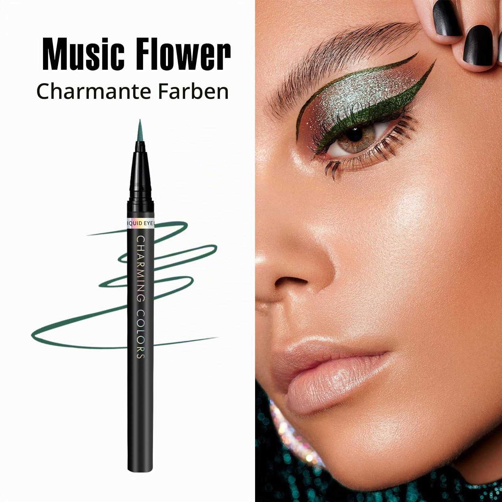 Music Flower Flüssiger Eyeliner, Wasserfester und Wischfester Flüssiger Eyeliner-Stift, Mehrere Farboptionen, Flexibler Stift für Einfache Kontrolle, Grüne