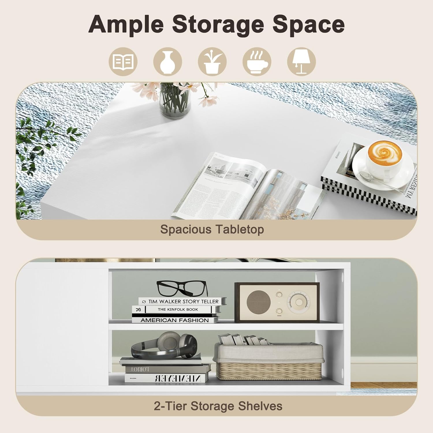 GOFLAME Modern Coffee Table with Storage, 34” Wooden Center Table with 2-Tier Open Storage Shelves, Open Side, Rectangular Tea Table for Living Room, Reception Room, Lounge, White