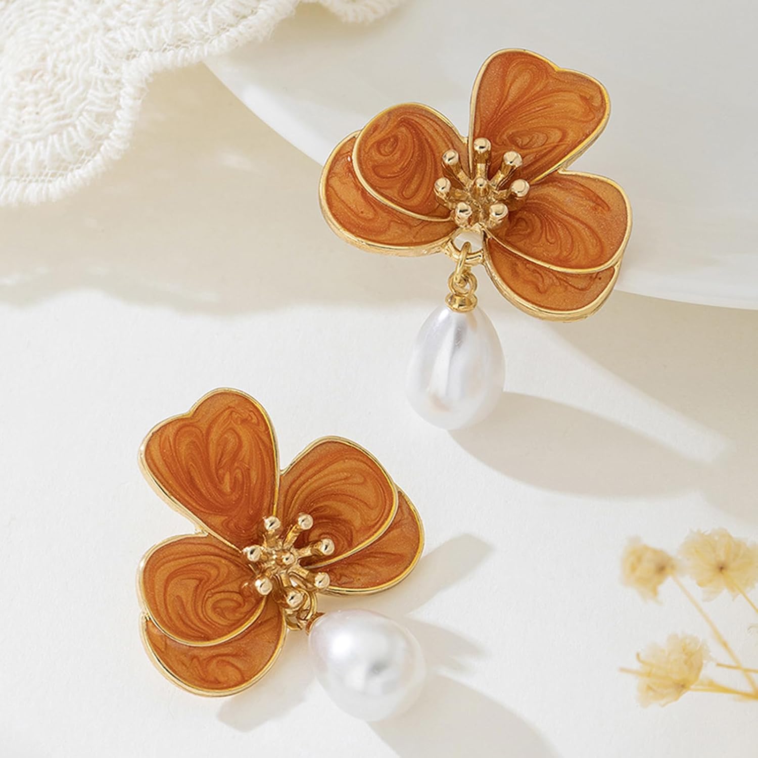 Flower Earrings for Women Pearl Statement Drop Dangle Earrings Pink Blue Orange Flower Stud Earrings Wedding Party Statement Floral Jewelry - Image 5