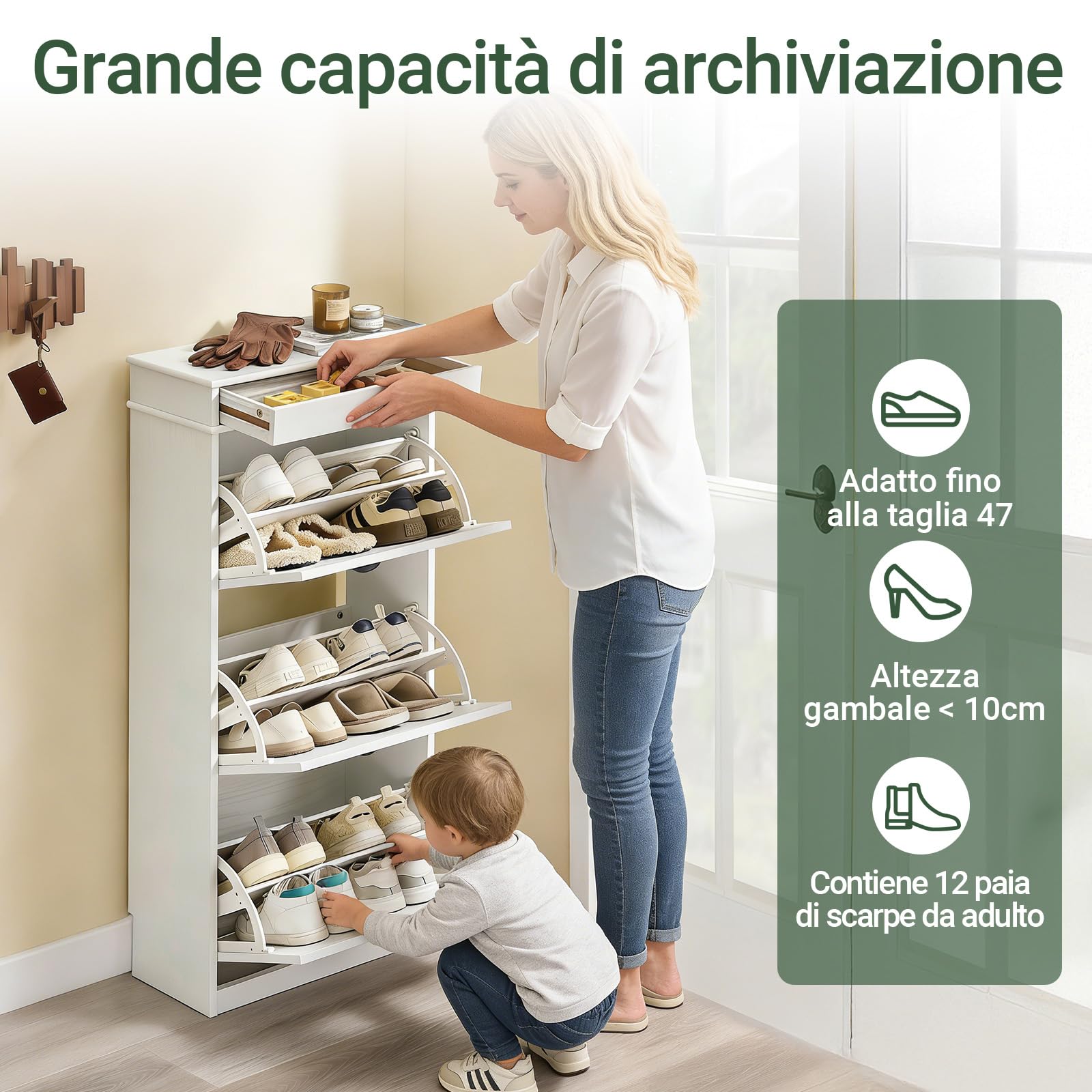 SoBuy Scarpiera Salvaspazio Slim Legno Bianco, Mobiletto Ingresso con Cassetto, Mobile Scarpiera Ingresso Stretto Vintage, Design Moderno 54x24x120 cm, FSR94-WG