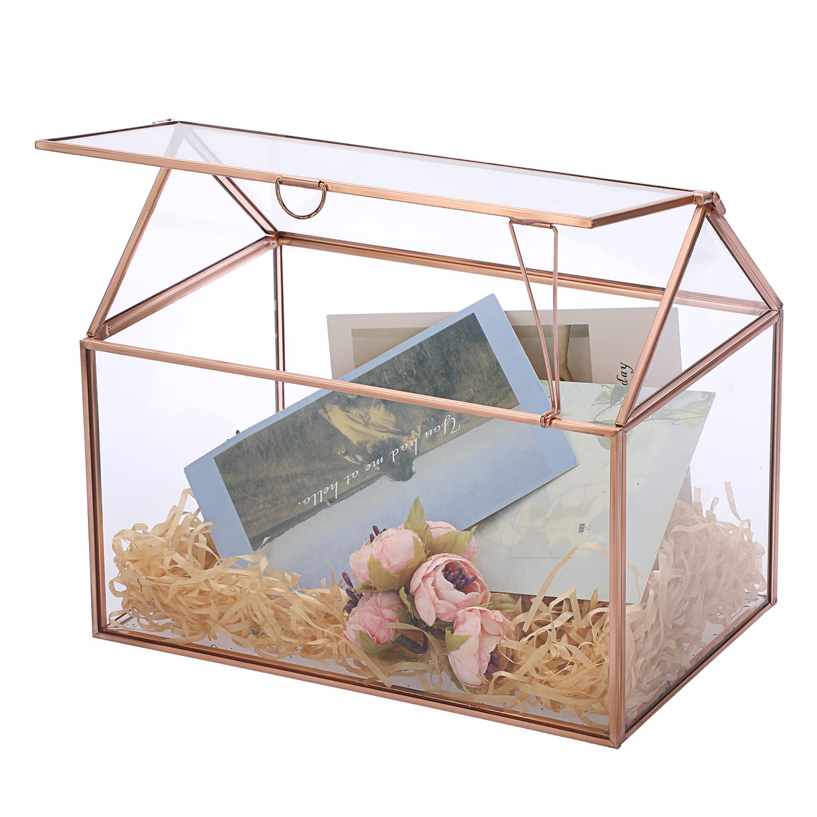 ELLDOO 8.8" Rose Gold Glass Wedding Card Box, Glass Gift Boxes, Clear Geometric Planter Terrarium with Lid, Vintage Display Box for Wedding Receptions,Graduation, Centerpiece Decor, Keepsake (Glass Box Only)