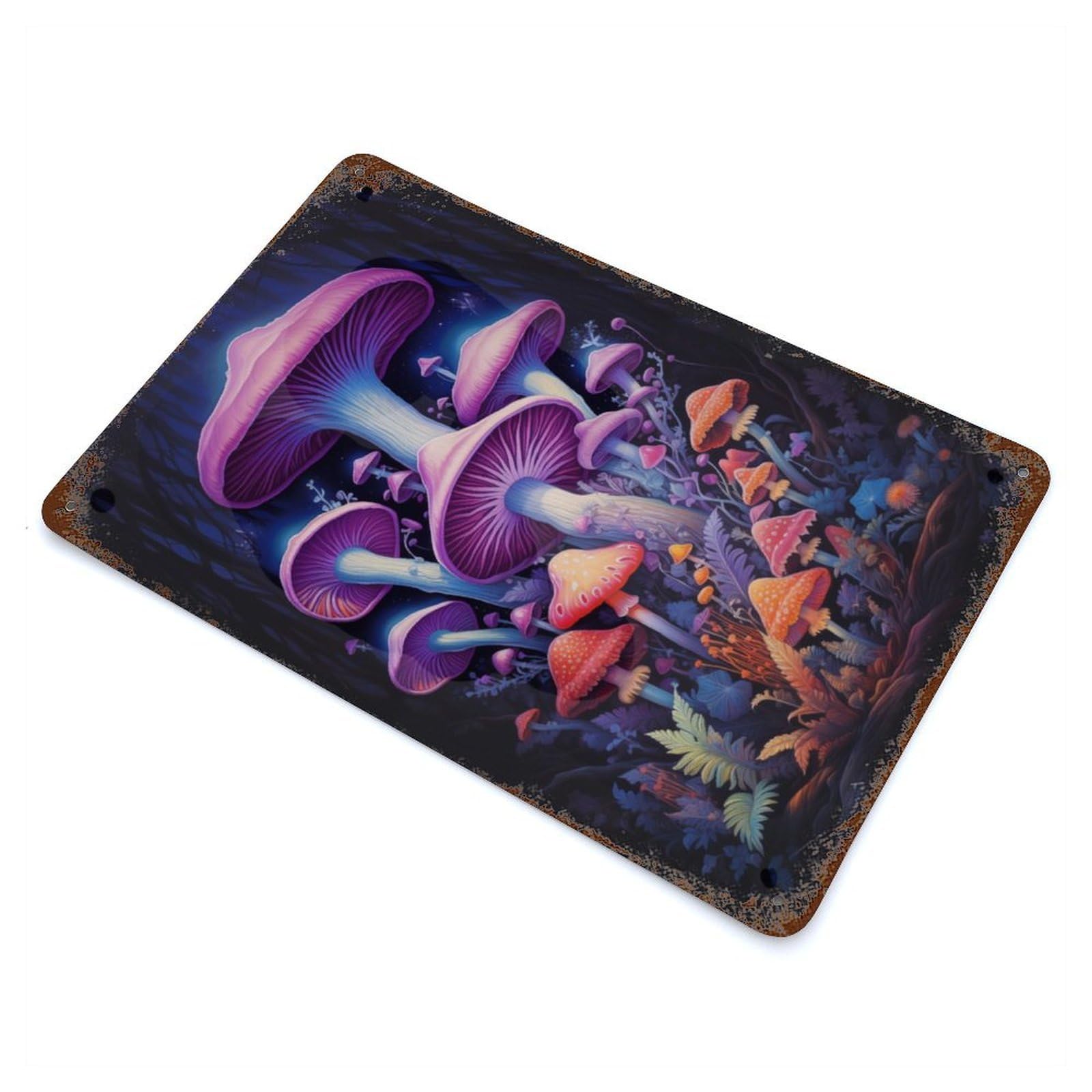 Rusty Metal Tin Sign Mushrooms in Purple 11.8"x7.9", Industrial Home Decor for Patio, Garden Room And Bar Decor