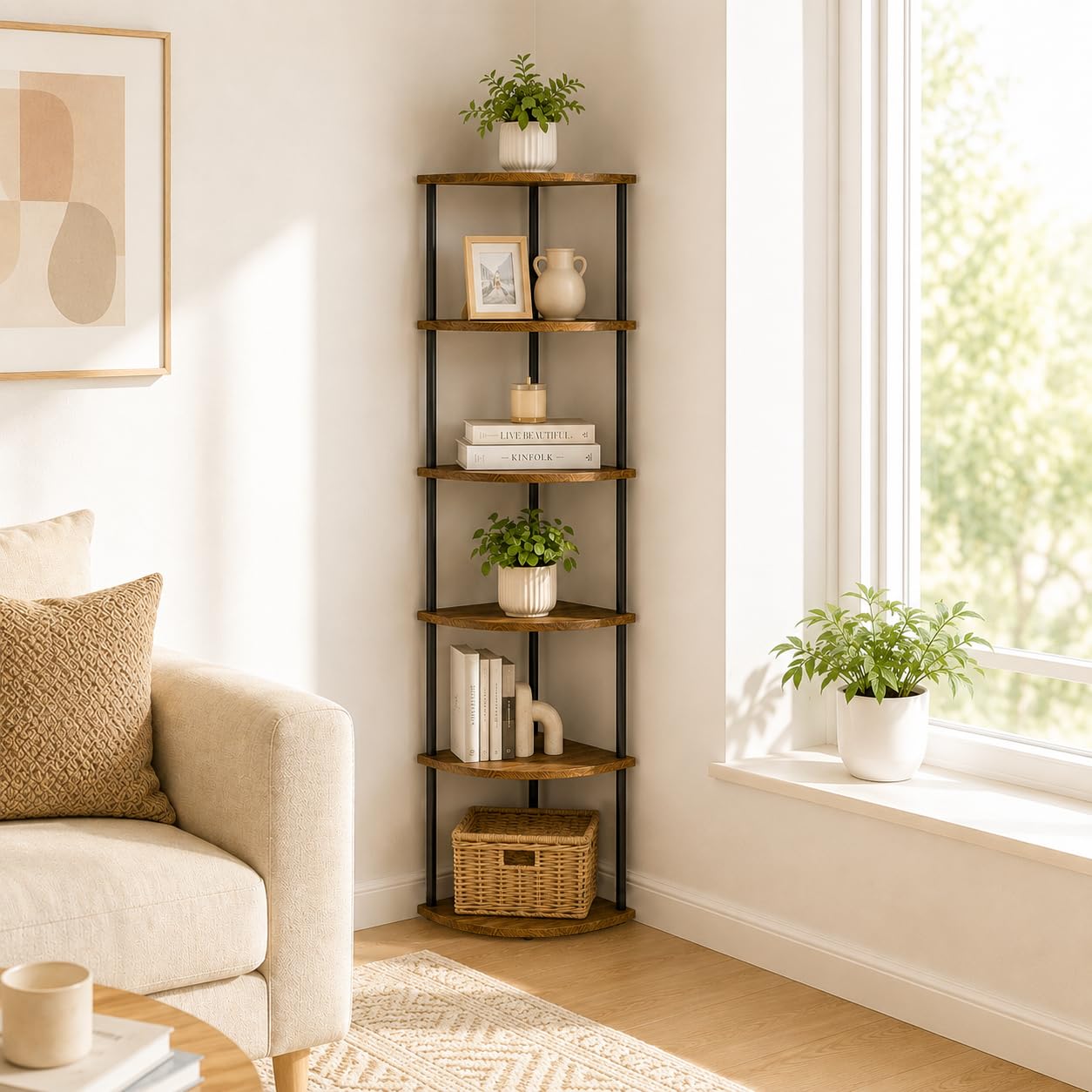 Infant Shining Corner Shelf, Freestanding Corner Display Rack, Space‑Saving Bookshelf Storage Unit, Multi‑Purpose Storage Shelving for Living Room Bedroom Home Office, Brown (6-Tier-Black)