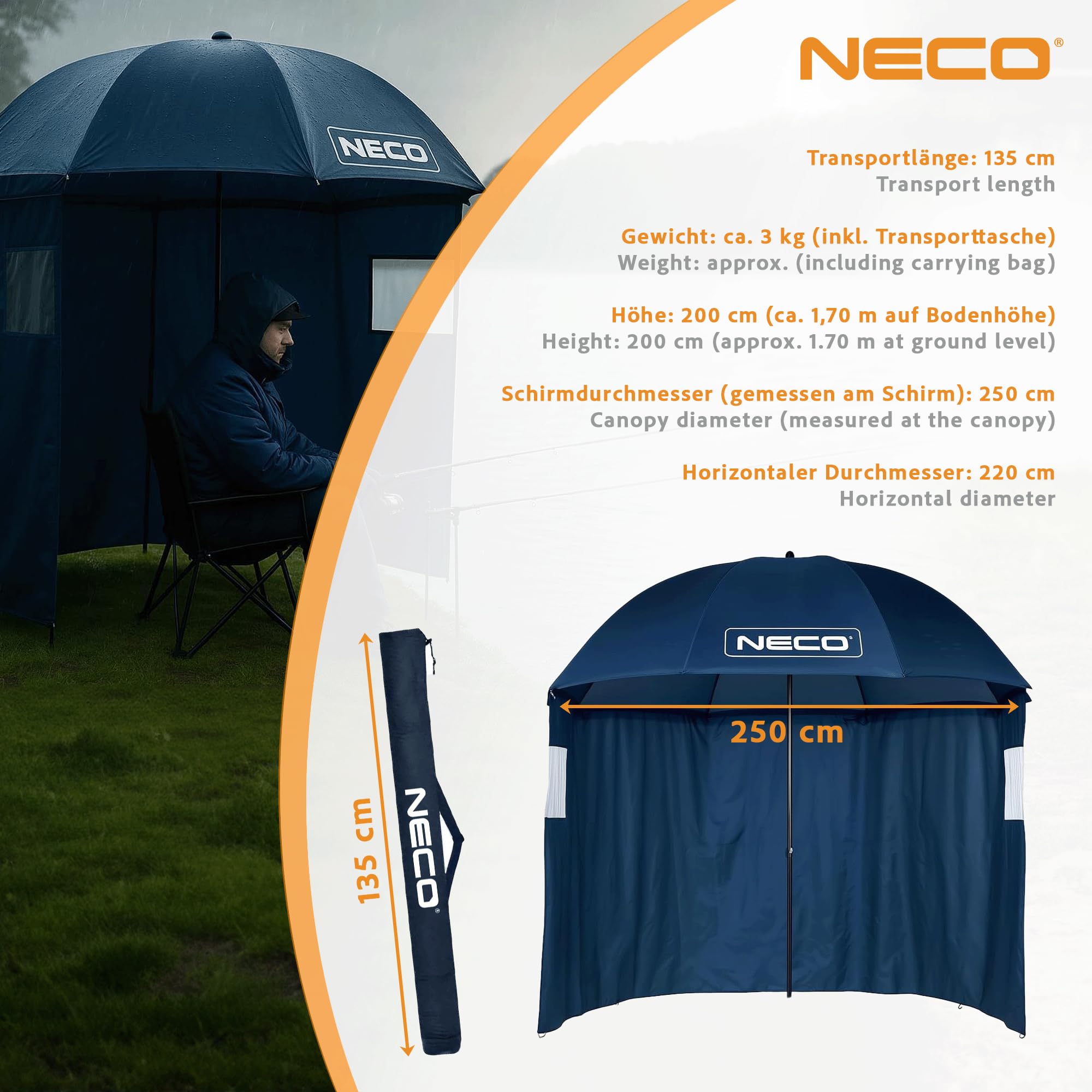 NECO Granatowy Parasol Wędkarski z Osłoną 250 cm – Wodoszczelny, Dwuosobowy Namiot Parasolowy z Oknami, Duży Parasol do Wędkowania, Namiot Karpiowy na Ryby i Kemping, dla Wędkarzy