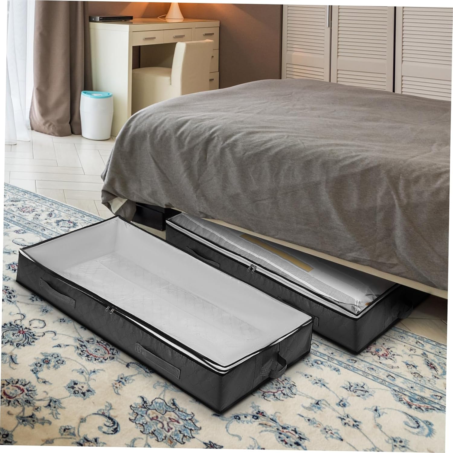 Bed Storage Bags 4-Piece Clothing Organizer Set Zipper Foldable Comforter Storage Containers for Bedding and Quilts Grey