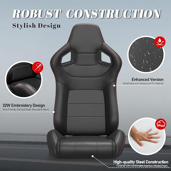 1Pair Racing Seats Adjustable Bucket Seats PVC Sport Car Seats w Sliders