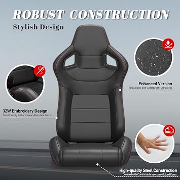 1Pair Racing Seats Adjustable Bucket Seats PVC Sport Car Seats w Sliders