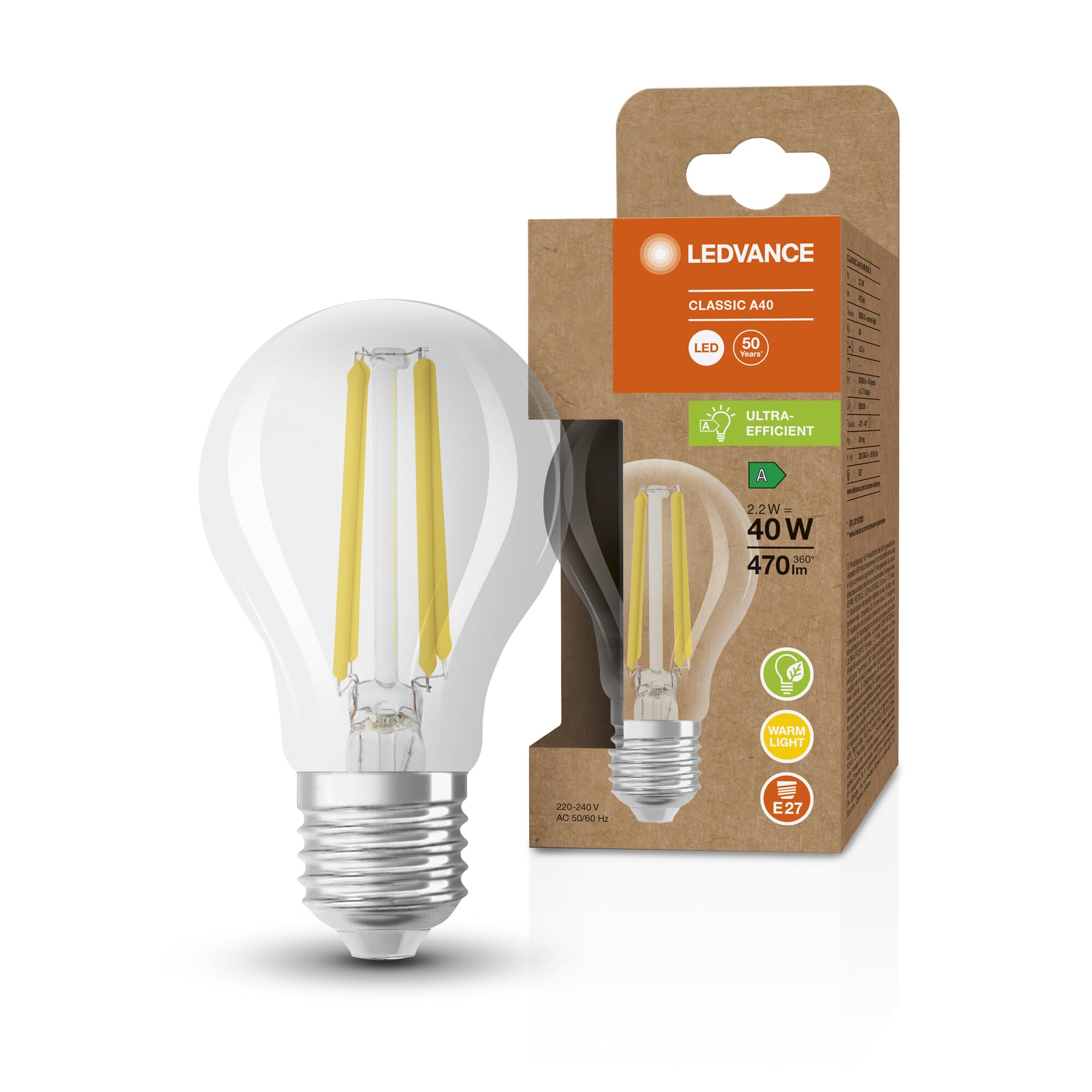 Ledvance Light Ultra Efficient Led Gls 2.2W (40W Eqv.) E27 2700K Clear