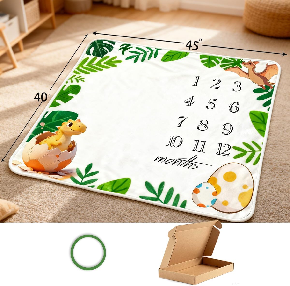 Baby Monthly Milestone Blanket Dinosaur Newborn Month Blanket for Boy & Girl, Personalized Baby Shower Age Photo Photography Backdrop with Growth Prop Frame 45x40 Inches
