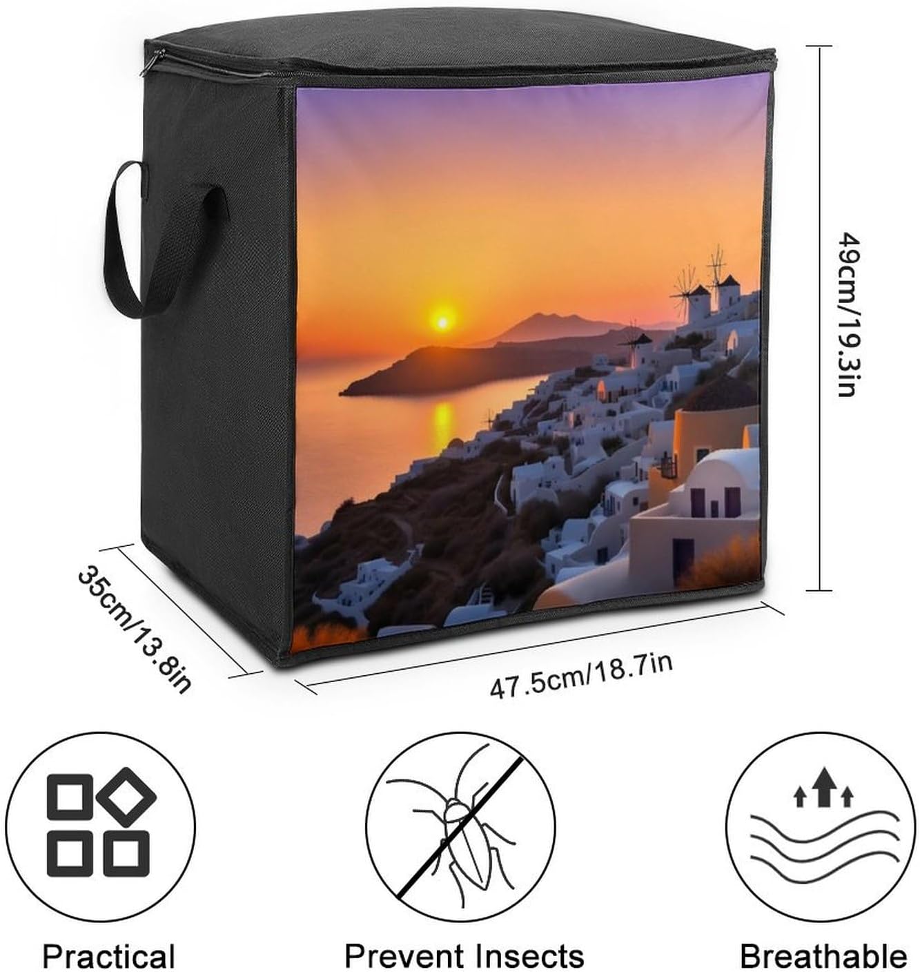 Quilt Storage Bag,Greece Island Sunset Landscape Printed Large Foldable Storage Container Portable Travel Storage Bag for Blankets, Quilts, Clothes, Comforter, Bedding And Pillows
