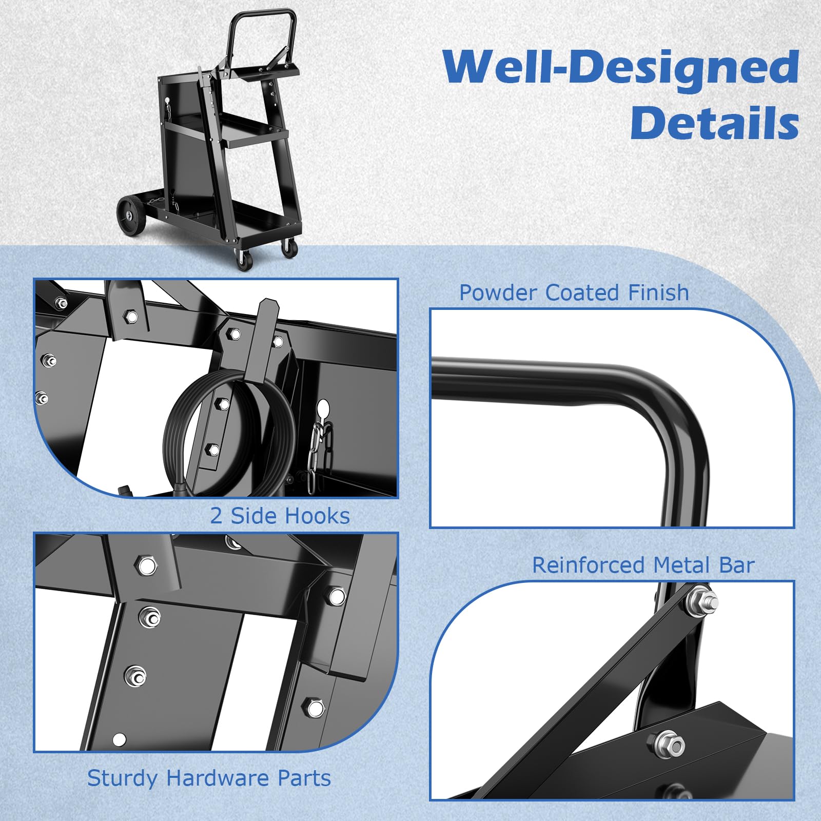 SOARS - Carro de taller para almacenamiento de herramientas de 3 niveles, con 2 cadenas de seguridad y bandeja inferior, 2 ganchos laterales, carga 50 kg, 70 x 38 x 87 cm, para taller, garaje