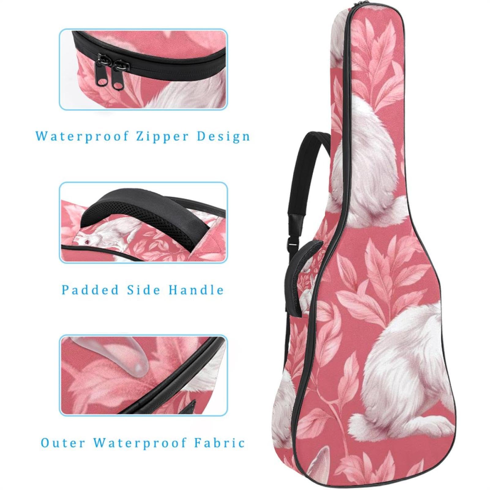 Aesthetic Pink Rabbit Akustikgitarrentasche mit 2 Taschen, verstellbarem Schultergurt und Rückenaufhänger, geeignet für E-Gitarren, Bassgitarren und klassische Gitarren, Ästhetisches rosa Kaninchen,