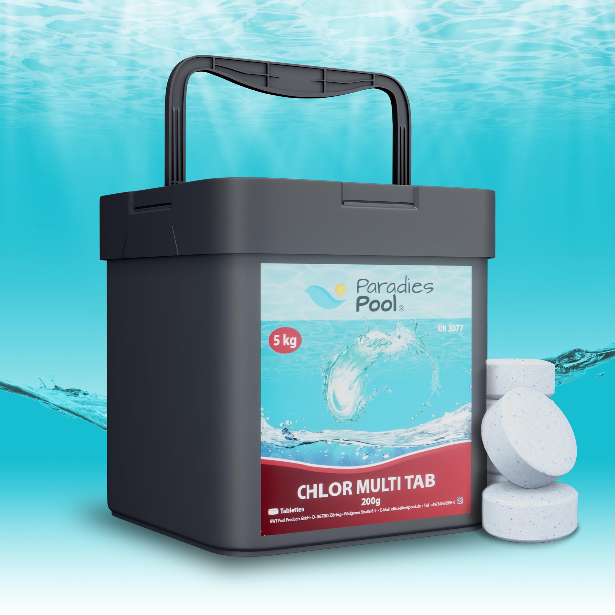 Paradies Pool Multi Tabs 200 g 5 kg, 4 in 1 Multi Tabletten mit Chlor, Algenschutz, Flockungsmittel, pH Stabilisator, zur Wasserbehandlung, Inhalt: 1 kg