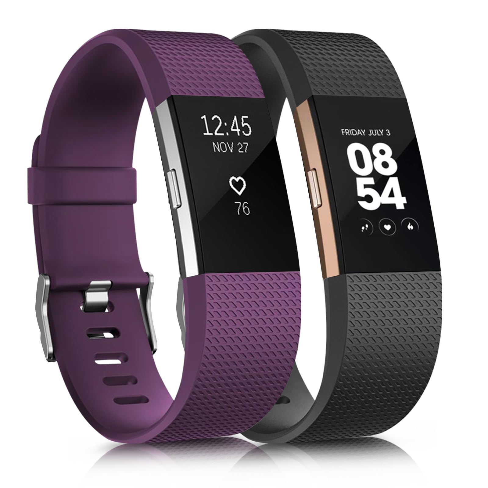 Mugust Pack 2 Straps for Fitbit Charge 2, Replacement Straps (1 Pack), Adjustable Sport Wristbands, Small/Large (Black/Purple, Small(5.5" - 6.7"))