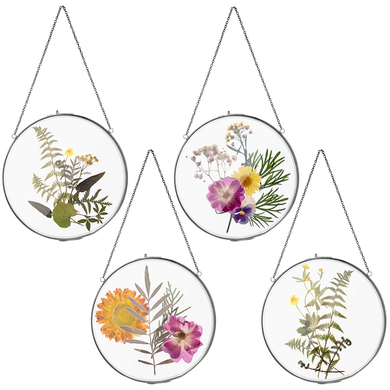 Qunclay 4 Pcs Double Glass Frame for Pressed Flowers Round Glass Frame Hanging Herbarium Frame Floating Flower Press Frame Clear DIY Vintage Artwork Display Frame, Frame Only(Black, 8 Inch)