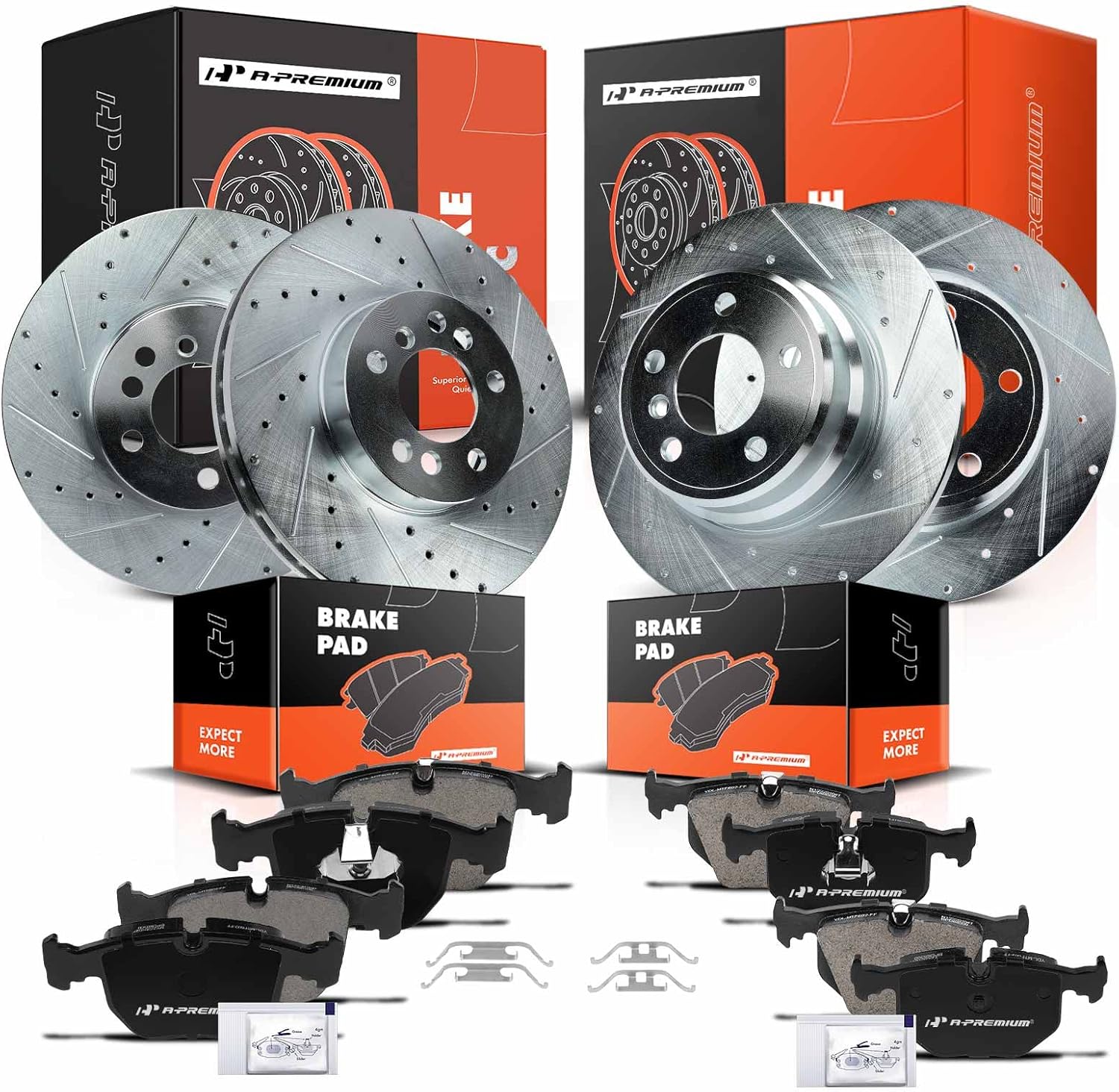 A-Premium Front and Rear Drilled and Slotted Disc Brake Rotors + Ceramic Pads Kit Compatible with Select BMW Model - X5 2000 2001 2002 2003 2004 2005 2006, 3.0L 4.4L, 12-PC Set