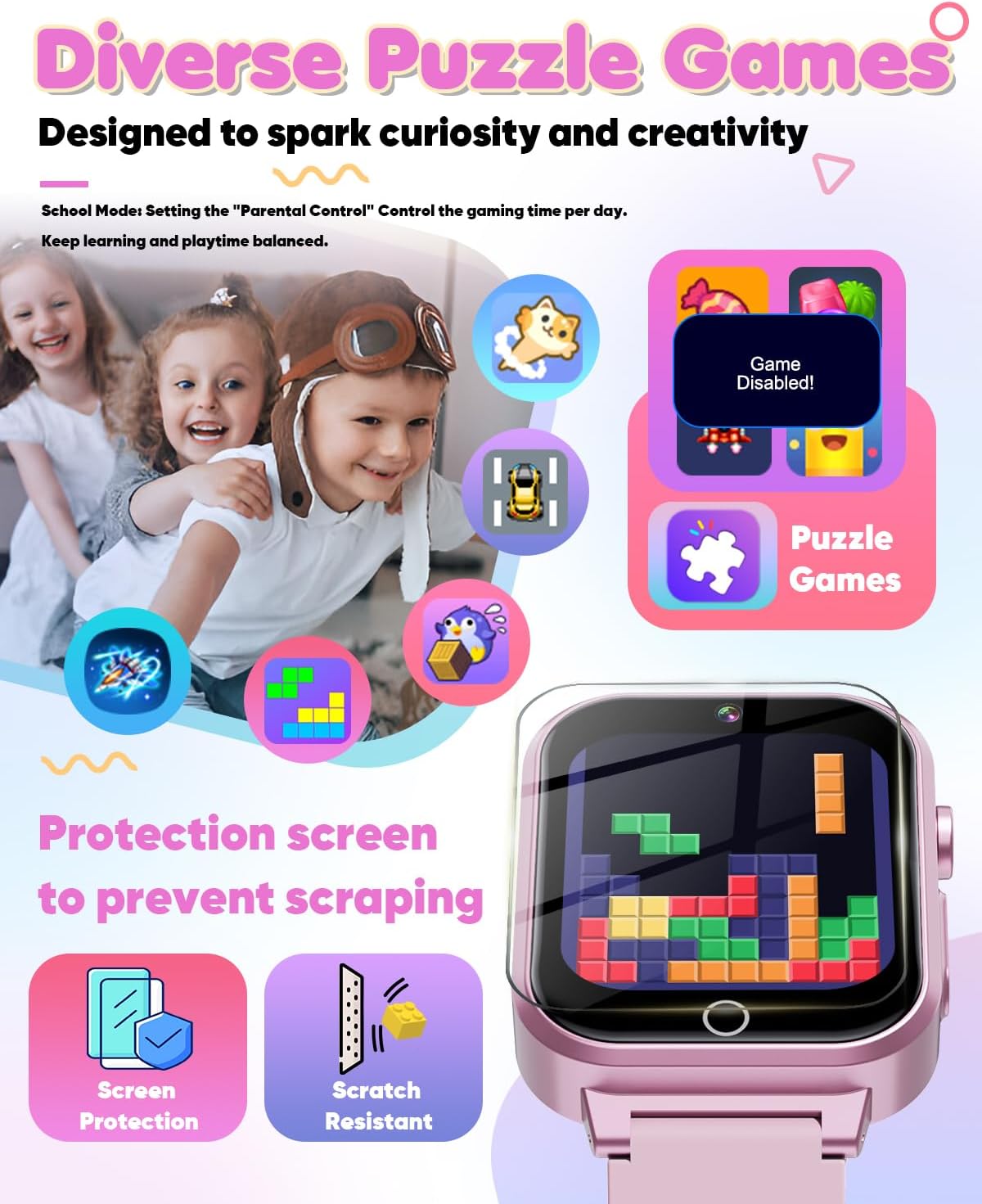 Children playing, with the Ziegoal smart watch displaying various puzzle games and a 'Game Disabled' message.