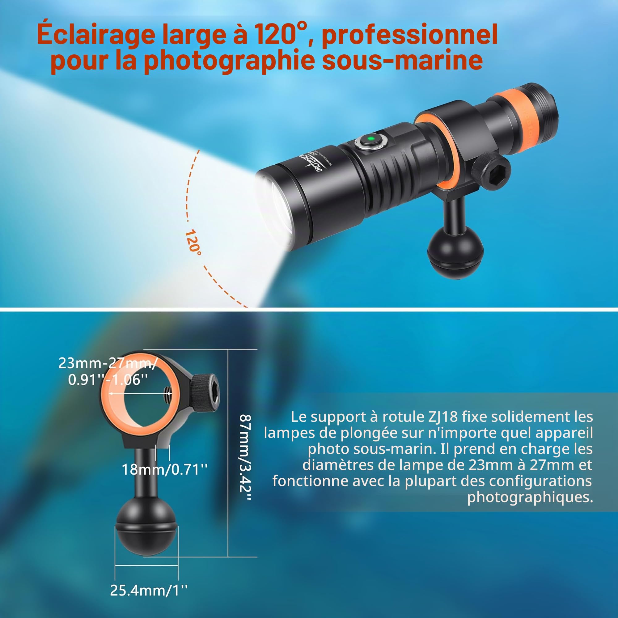 ORCATORCH D530V Lampes de Plongée Rechargeable, 1200 Lumen Lampe Vidéo de Plongée Sous Marine 140 Degrés Super Grand Angle de Faisceau, 150 Mètres Sous l'eau Avec Fonction de Verrouillage de Sécurité