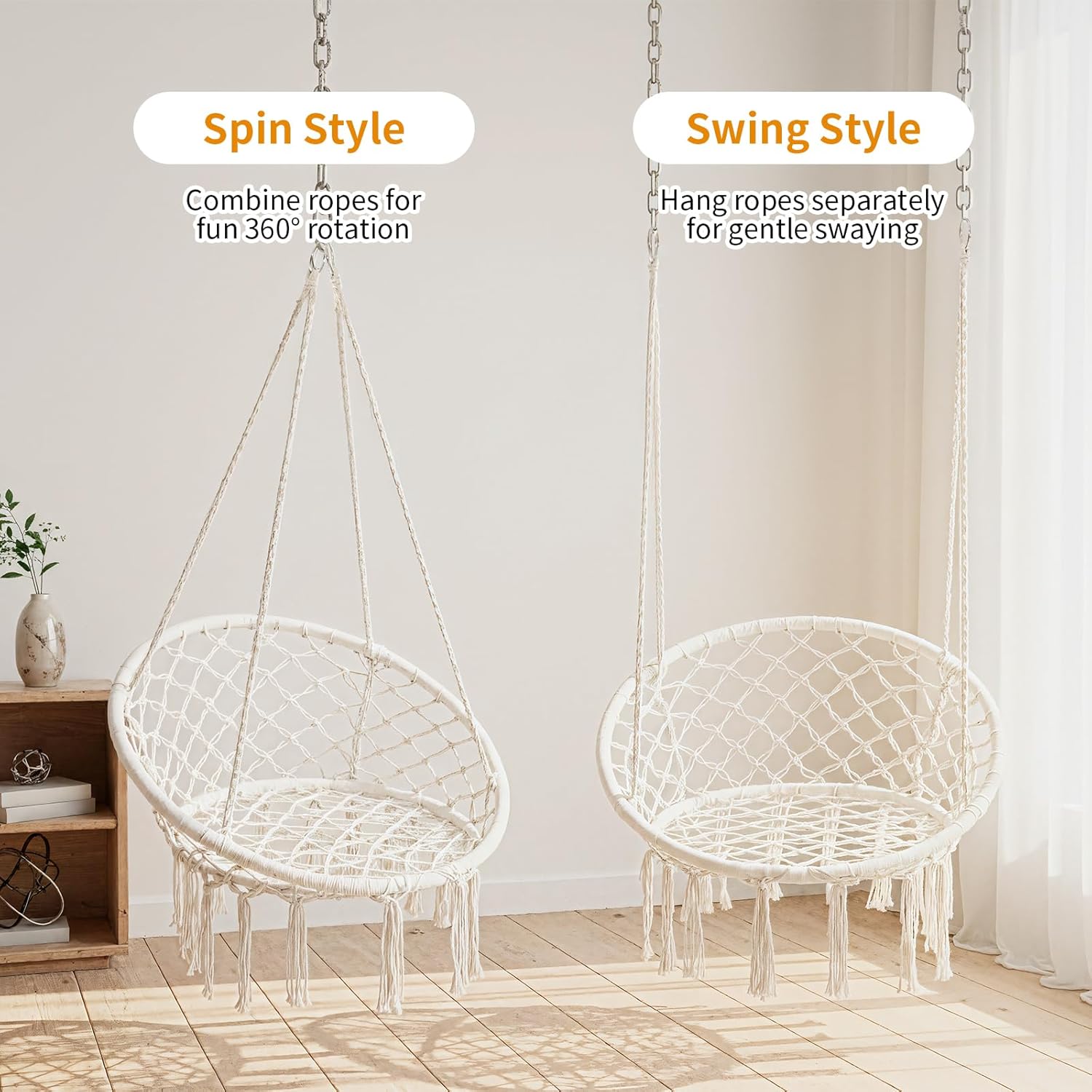 Garpans Hammock Chair Swing Set of 2 Bohemian Style Macrame Hammock with Tassels Hanging Swing Chair Handmade Knitted Cotton Rope for Indoor Outdoor Bedroom Patio Max 330 LBS White
