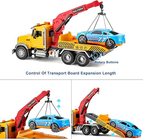 Miniatura 4 de Camión de remolque para niños con auto para niños de 4 a 7 años de edad, camión de remolque grande para niños de cama plana y grúa con sonidos y