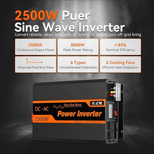 Miniatura 2 de PowMr - Inversor de corriente de onda sinusoidal pura de 2500 W, convertidor de 24 V CC a 110 V CA con puerto USB, panel de control remoto, apto