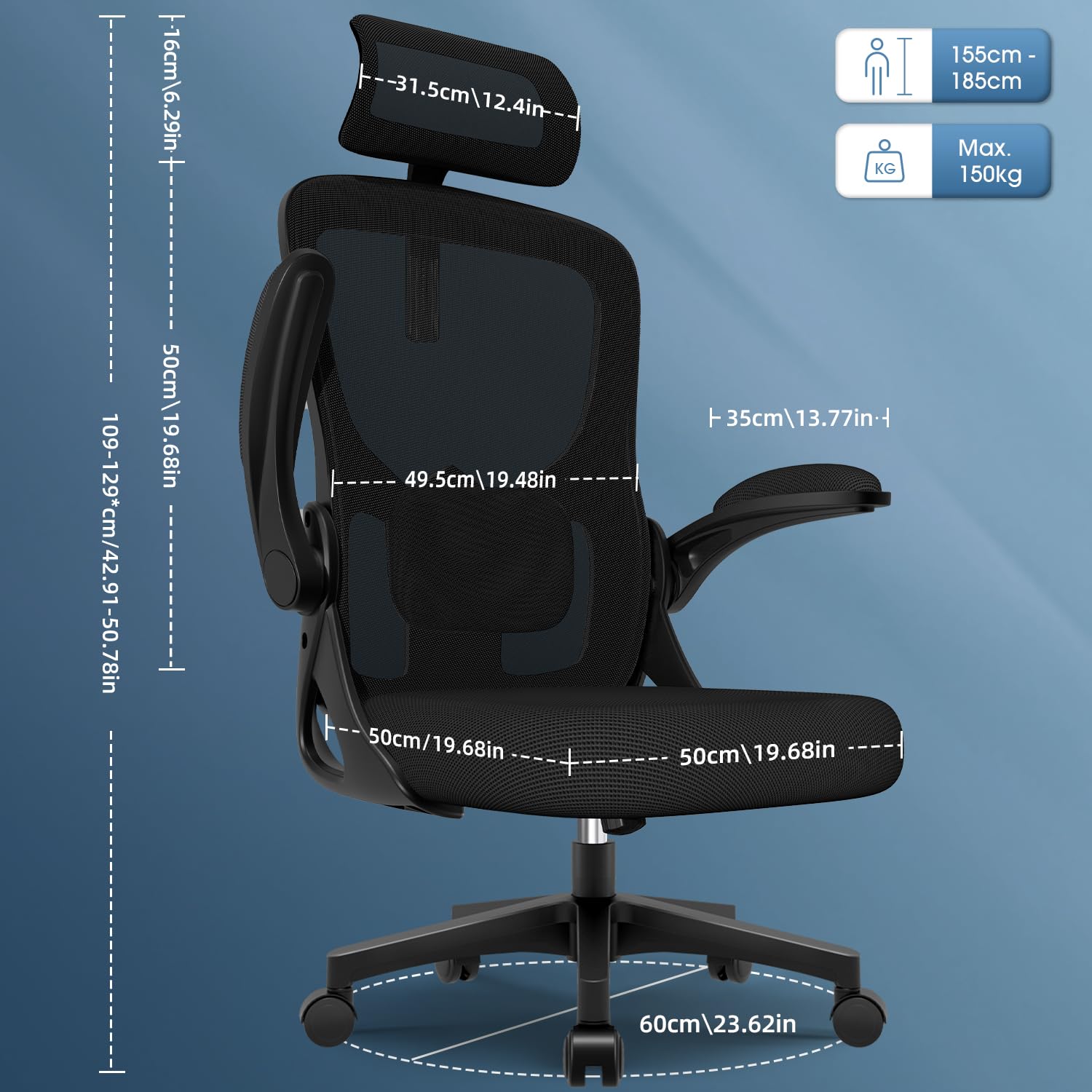 Bürostuhl, Schreibtischsessel mit Kopfstütze und Weiche Lordosenstütze, Bürostuhl ergonomisch mit Wippfunktion bis 130°,Schreibtischstuhl mit klappbaren Armlehnen, Drehstuhl 150 kg,Schwarz