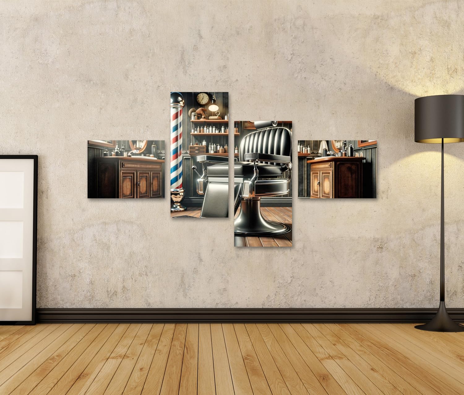 islandburner Cuadro sobre lienzo barbero tienda peluquería decoración con una silla de peluquería clásica tapizada en el centro cuadros cuadros murales póster
