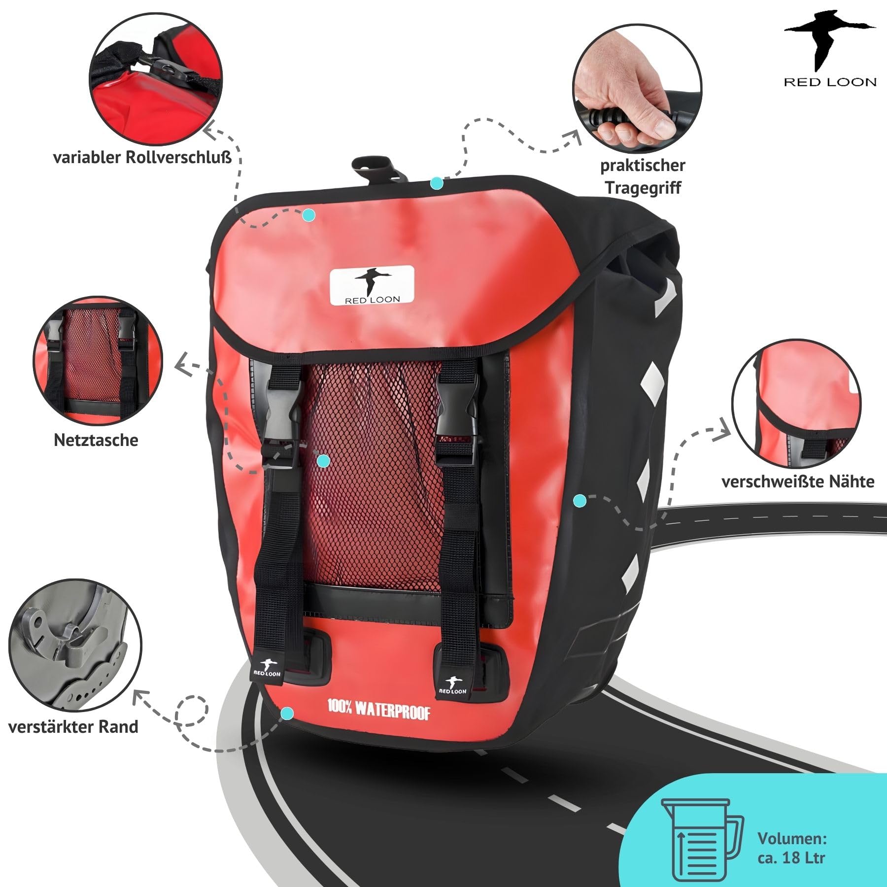Sacoches De Vélo Arrière Red Loon - étanches, Blanc/noir, Avec Poignée De Transport