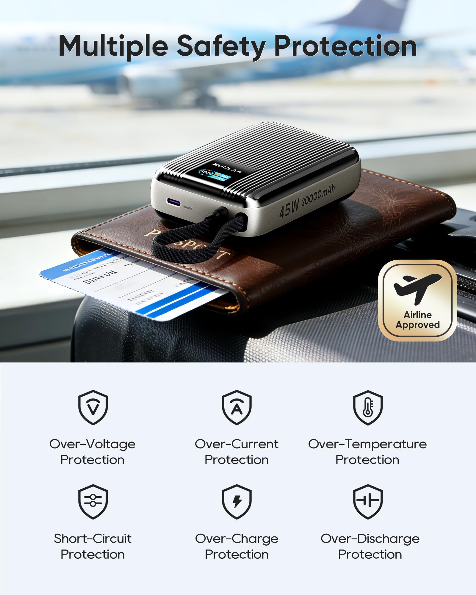 Kuulaa Batterie Externe 45W 20000mAh avec USB-C Câble Intégré, Power Bank Charge Rapide avec Affichage TFT Chargeur Portable Compatible avec iPhone Galaxy MacBook iPad Voyage