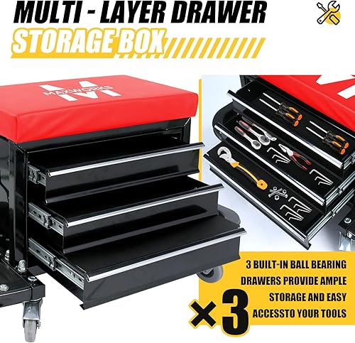 Miniatura 12 de MaxWorks 50875 Mechanics - Asiento de rodillo, capacidad de 250 libras, taburete de taller acolchado con bandeja de herramientas de almacenamiento