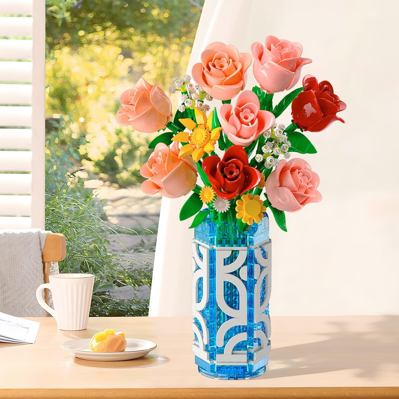 14 Flowers Bouquet Building Set with Vase and LED Light, Valentine‘s Day Gifts for Her, 747 PCS Mini Roses Flower Botanical Building Blocks Toy, Artificial Roses Flowers Home Decor & Display - Image 3