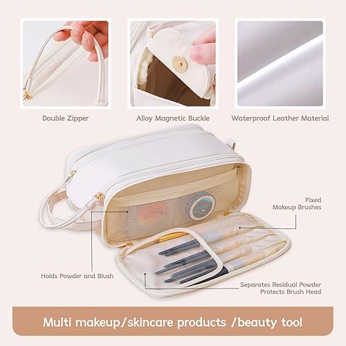 Miniatura 3 de Bolsa de maquillaje de viaje con soporte para cepillos, bolsas de cosméticos de gran capacidad para mujeres, bolsa portátil de cuero organizador de