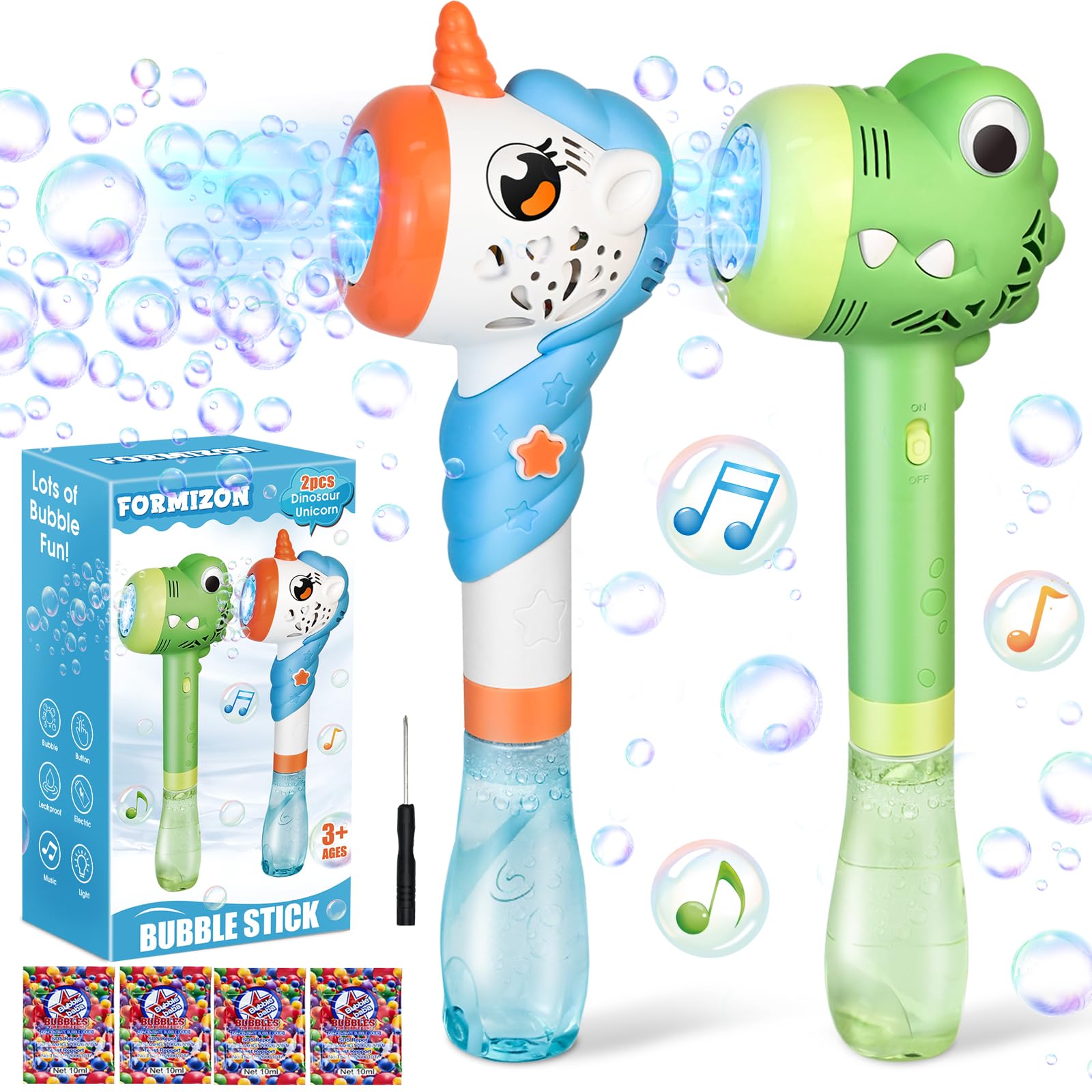 FORMIZONBubble Gun for Children, Set of 2 Dinosaurs and Unicorns Automatic Bubble Machine, Automatic Soap Bubble Machine with Lights and Music, Summer Gifts for Children