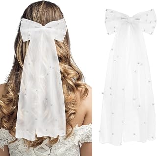 2PCS White Bridal Pearl Hair Bow Veil, Large Hair Bow with Barrette Hair Clip, Wedding Veil, for Bridal Bridesmaid Hair Accessories, Bachelorette Party Decorations