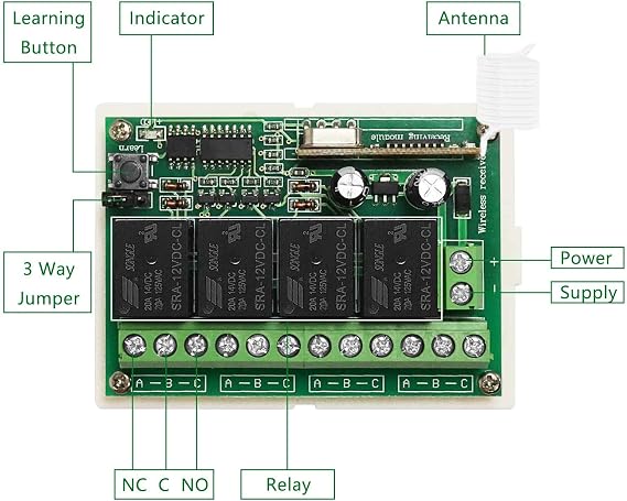 2V Relay Remote Switch Wireless RF Remote Control Switch 4 Channel Relay Module 433Mhz Transmitter Receiver Kit Universal Remote Control for Lights Ceil Fan Garage Door Opener Gate Car & More