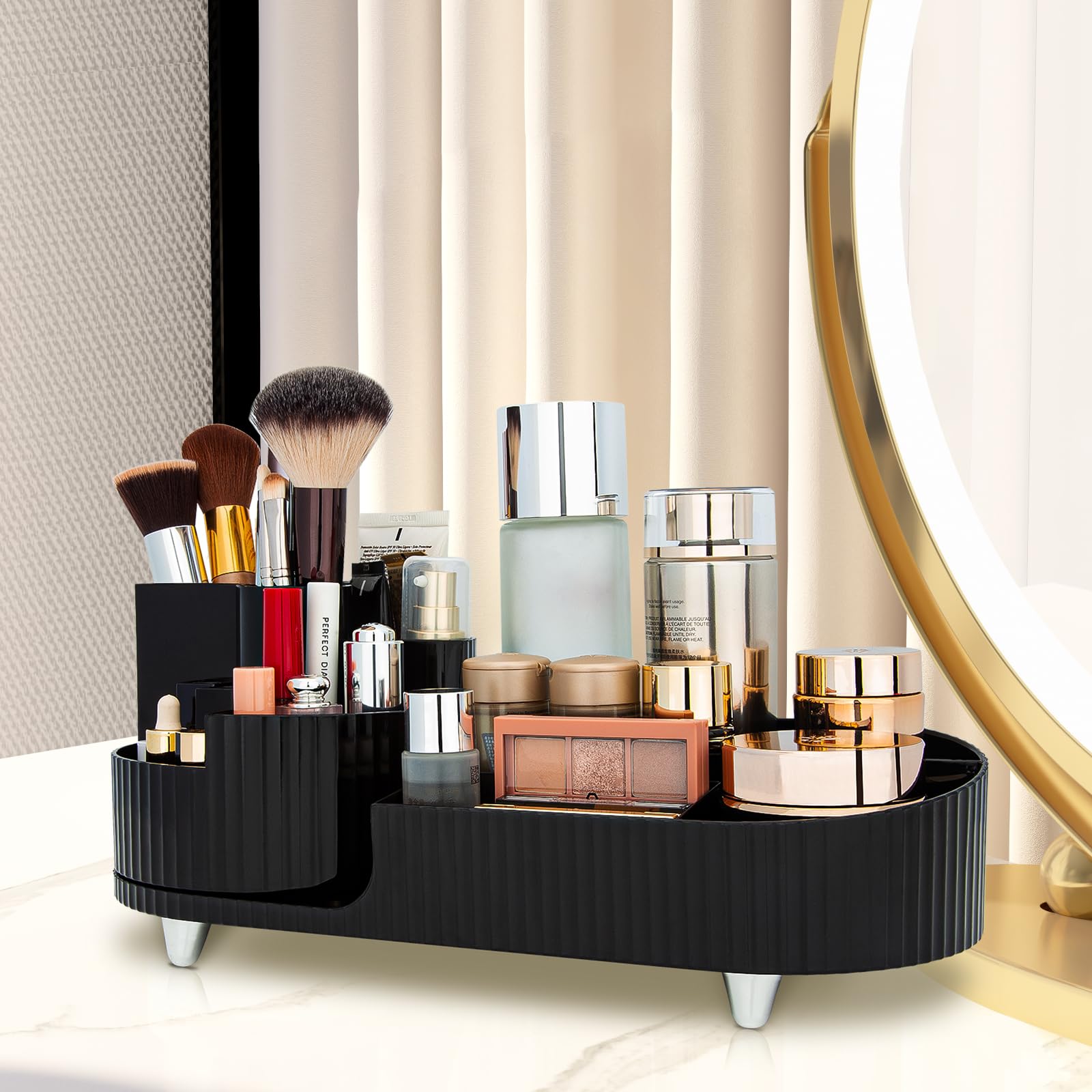 Makeup Organizer 360 Degree Rotating Cosmetic Storage Display Case for Vanity Bathroom Large Capacity Spinning Cosmetic Holder for Brushes Lipsticks Skincare Beauty Product, Black