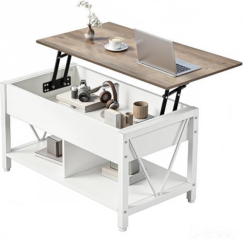 YITAHOME Lift Top Coffee Table, Easy-Lift, 2-Tier Storage, Adjustable Height with Hidden Storage Compartment and Shelf for Living Room, Office, White&Gray - 6