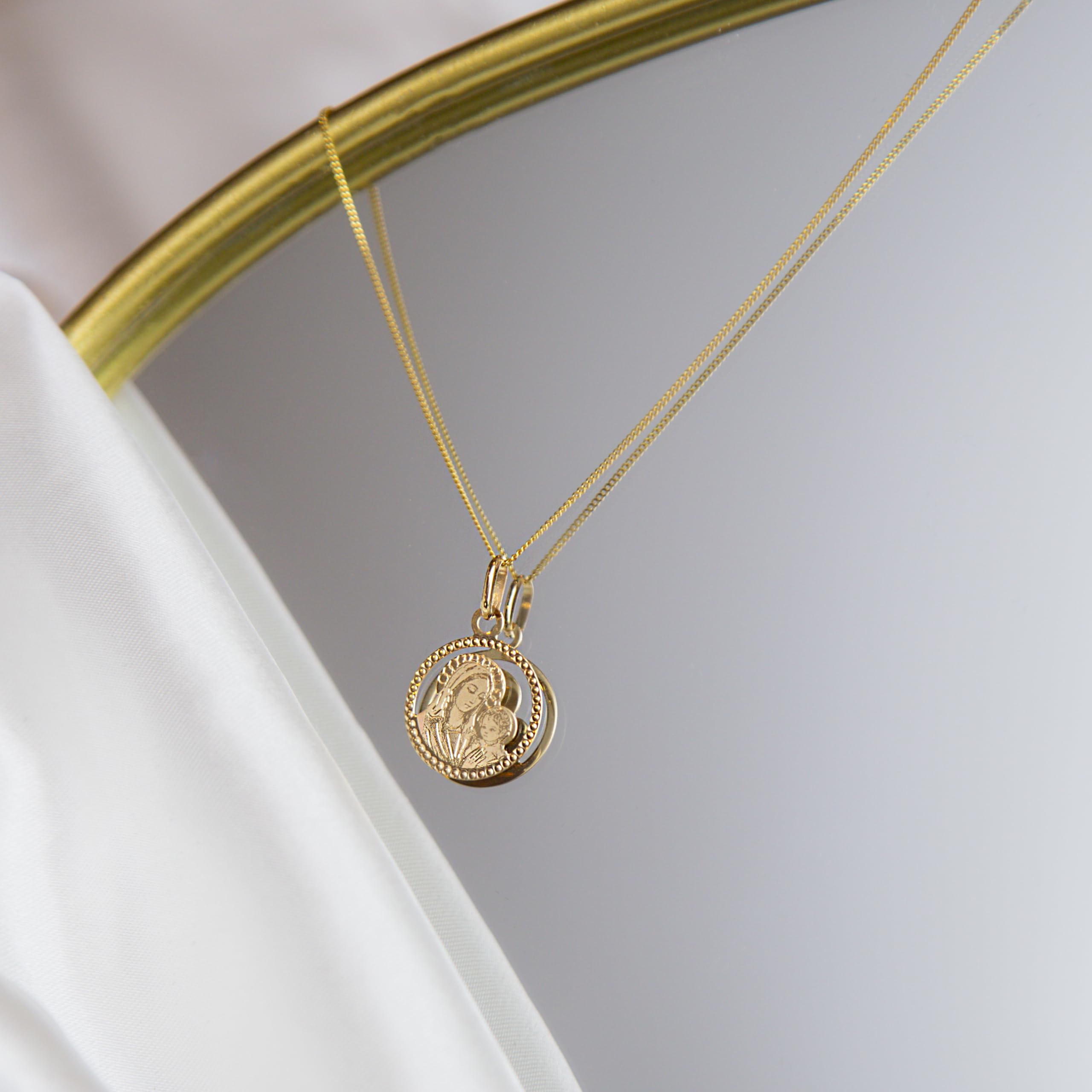 CARISSIMA Złoty damski 9-karatowe żółte złoto 14,5 mm szlif diamentowy okrągły wisiorek Maryja i dziecko na łańcuszku pancerka z 9-karatowego żółtego złota 46 cm/18