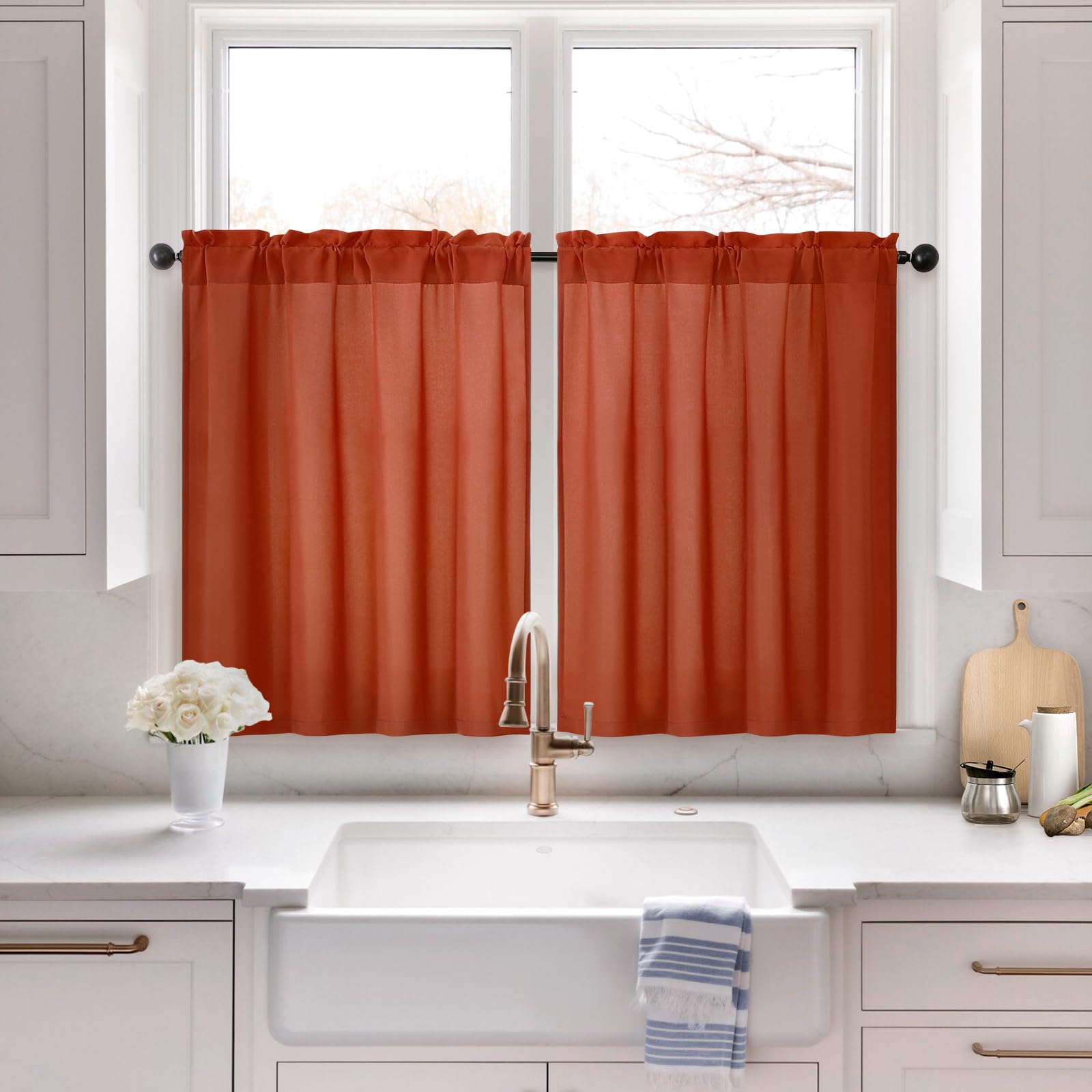 HOMEIDEAS Non-See-Through Fall Burnt Orange Privacy Sheer Kitchen Curtains, 30 X 36 Inches Long 2 Panels Short Sheer Curtains Light Filtering Bathroom
