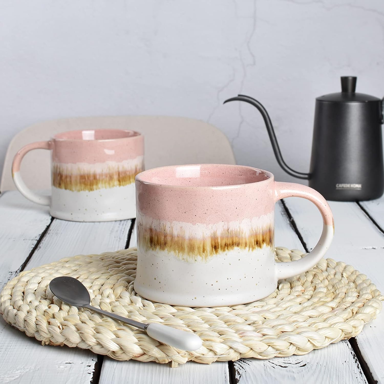 Bosmarlin Medium Ceramic Coffee Mug Set of 2, 15 Oz, Big Stoneware Tea Cup for Office and Home, Dishwasher and Microwave Safe (Pink, 2) - Image 4