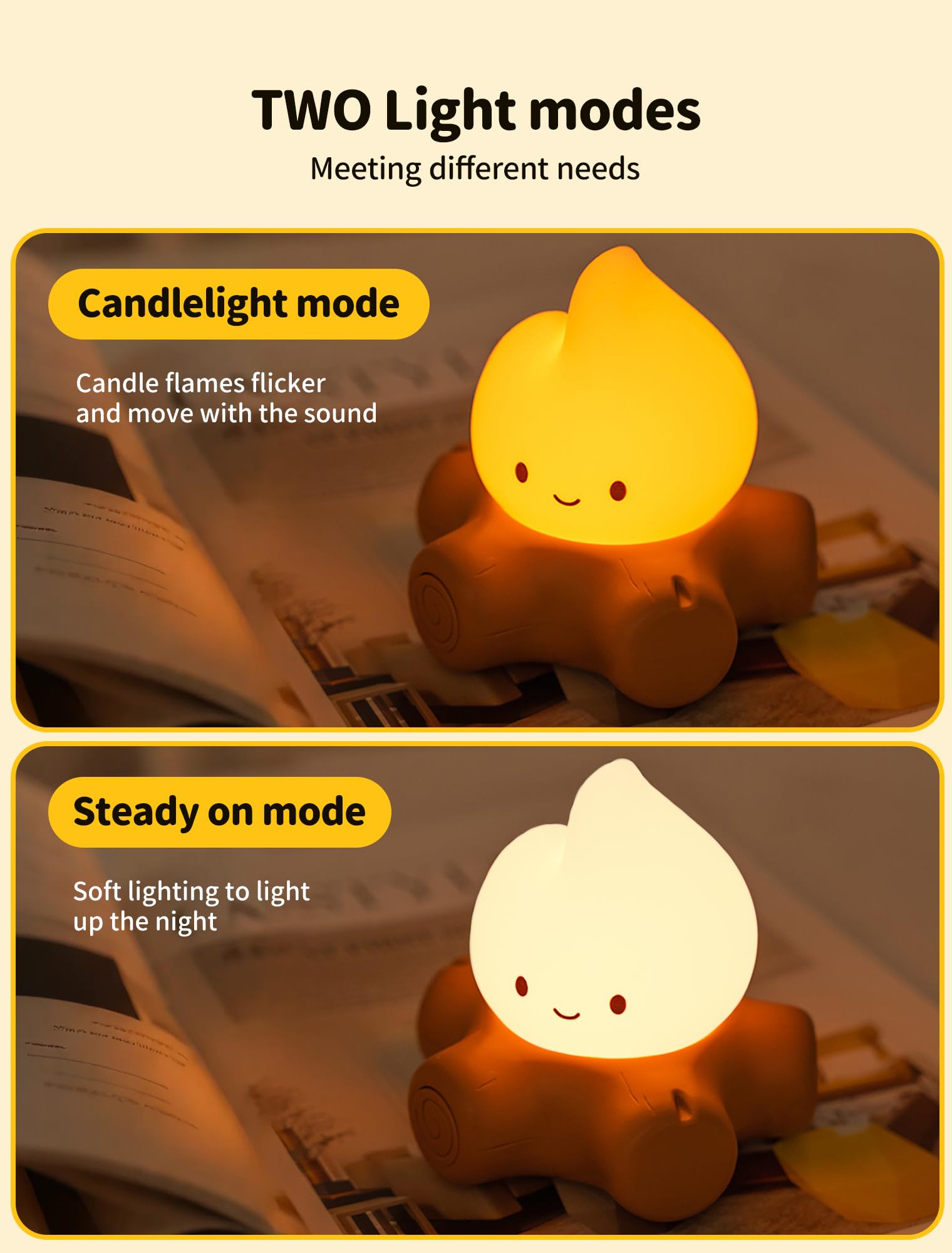 Wiederaufladbares Lagerfeuer-Nachtlicht, tragbare Schreibtischlampe, Silikon-Nachtlicht, niedliches weißes Rauschen, Nachtlampen für Schlafzimmer, Outdoor, Camping, Geschenke für Kinder