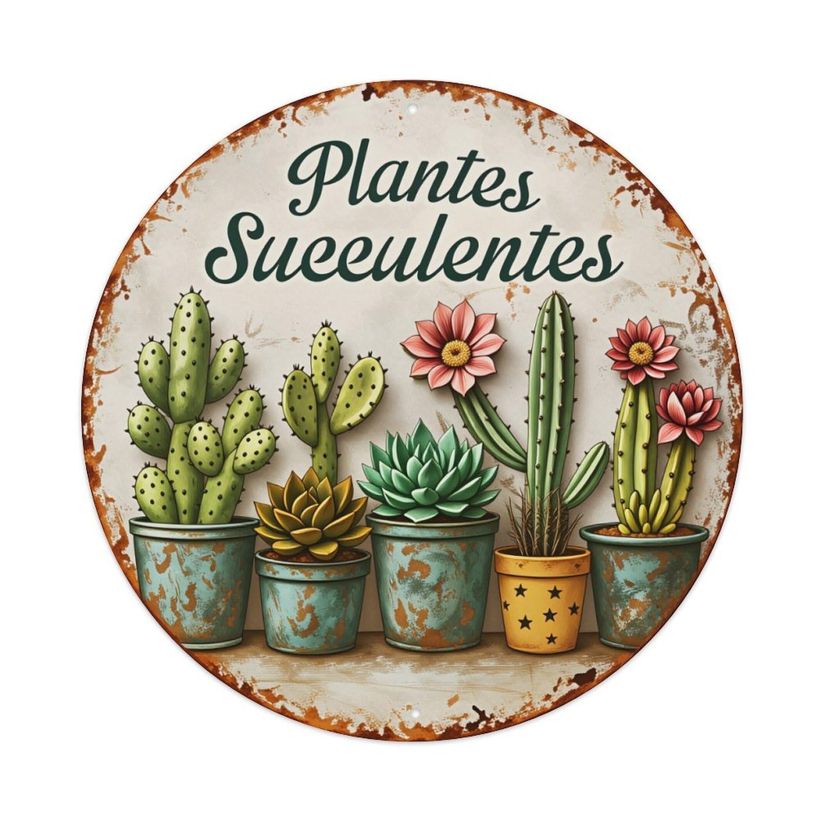 Plants Succulents Cacti Flowers Pots Round Tin Sign Vintage Metal Poster Retro Bar, Home, Man Cave, Kitchen, Laundry Room Wall Art Decor Gift 8x8In