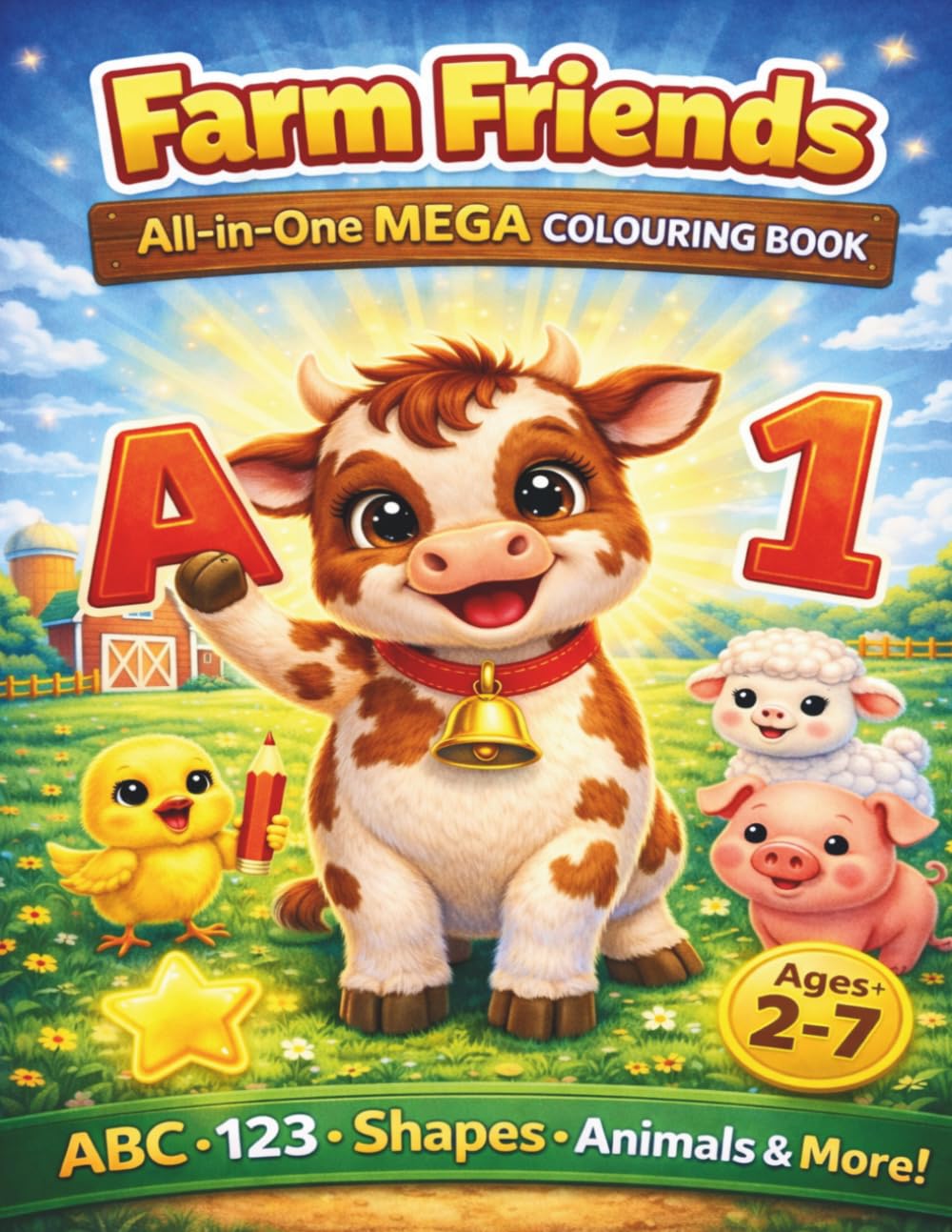 Farm Friends All-in-One MEGA Colouring Book for Ages 2-6: ABCs, Numbers, Shapes, Colours, Fruits & Cute Farm Animals