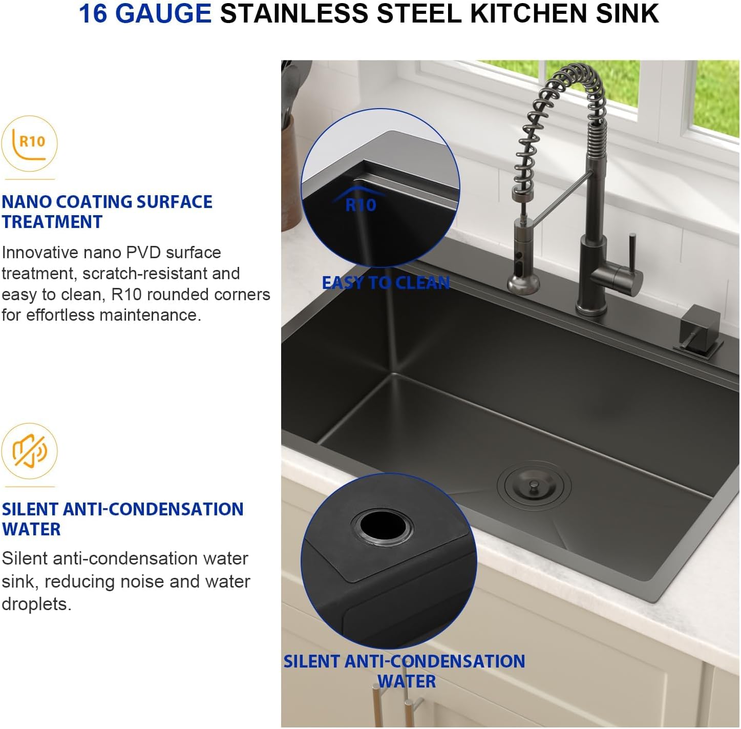 Dcolora 28 Inch Black Kitchen Sink Drop In, Nano-PVD Black Stainless Steel Workstation Sink Single Bowl Topmount with Accessories All-In-One, #DC-T8862 28"x22"x10"
