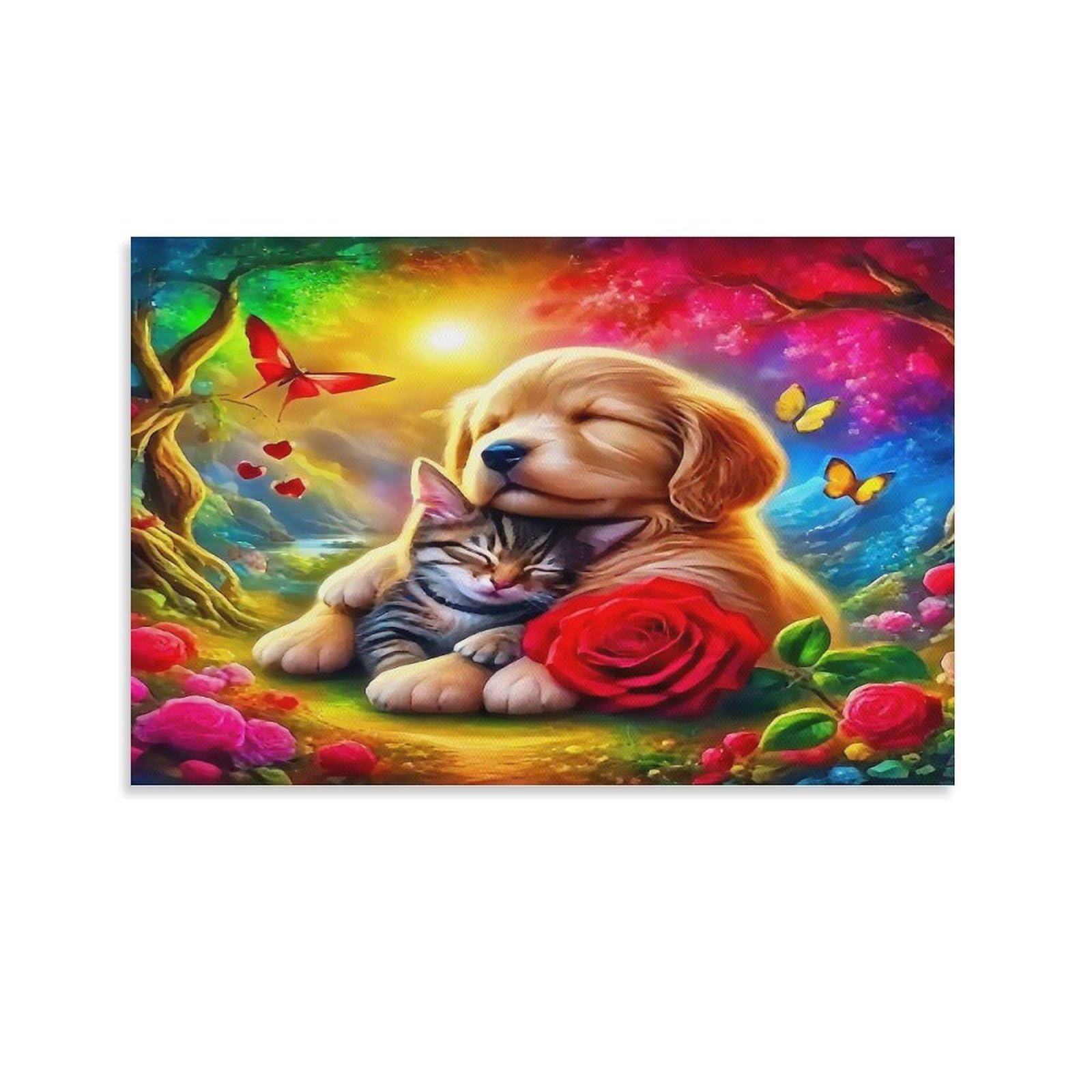 CPLVKWRQJ Cute Kitten in Autumn Blanket 1 Piece Puppy Kitten Rose Garden Canvas Wall Decor - Bedroom Canvas Painting Easy to Clean Space Transformer Art 24x36inch(60x90cm)