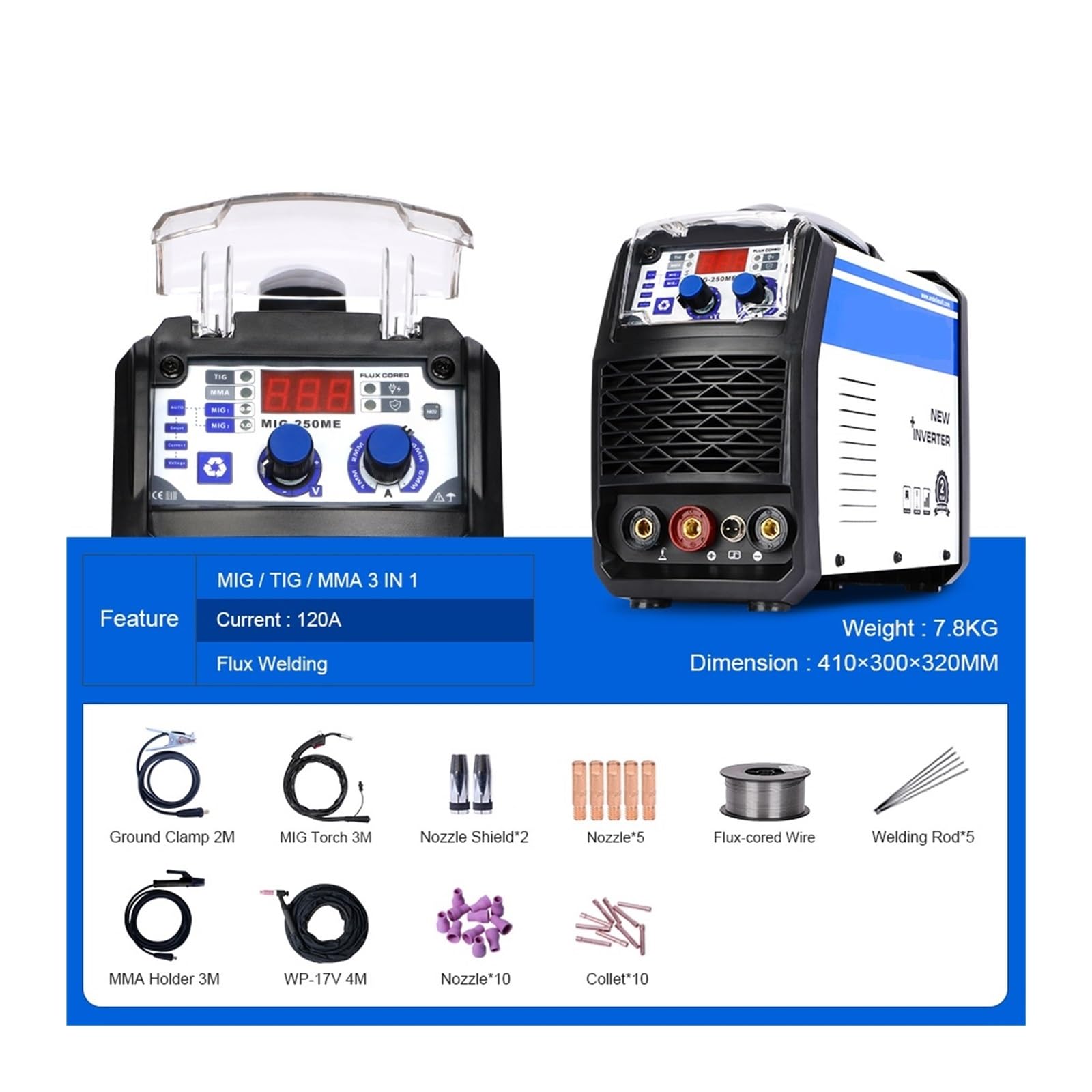 Saldatrice Semiautomatica Lift TIG MMA MIG 3 In 1 Saldatore MIG Senza Gas For Uso Domestico MIG-250ME Facile Da Usare(Package 2)