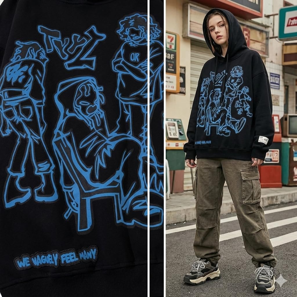 Felpa con cappuccio da uomo con grafica Y2K, stile streetwear, in misto cotone, stile hip hop