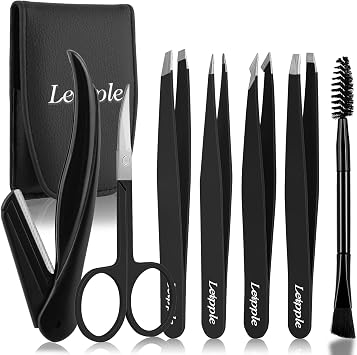 Tweezers Set 7Pcs for Facial Hair Women & Men - Precision Tweezers Set with Travel Case - Stainless Steel Tweezers for Eyebrows with Scissors, Razor, Mirror for Ingrown Hair Black